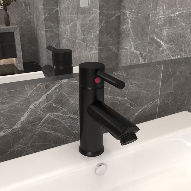 Grifo de baño negro mate – Grifo de baño moderno de un solo orificio negro,  construcción de acero inoxidable sin plomo, cartucho de cerámica
