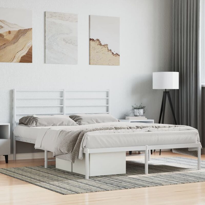 Cama de matrimonio，Estructura de cama，Cama para adulto，Marco de Camade  metal con cabecero blanca