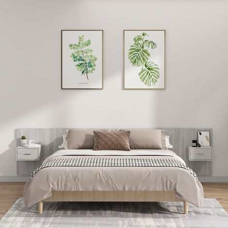 Cabecero de cama para dormitorio estilo moderno y mesitas madera contrachapada gris Sonoma ES22457A