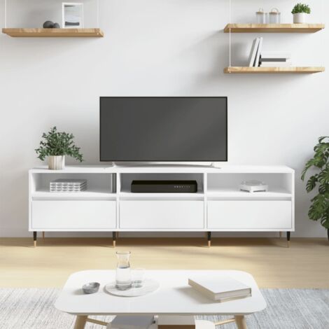 Práctico mueble TV blanco con patas de madera.