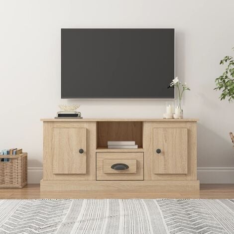 Mueble TV esquinero de contrachapado de madera de fresno y blanco