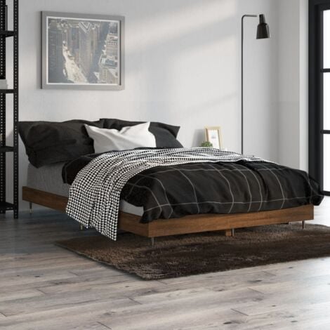 Cama de matrimonio，Estructura de cama，Cama para adulto，Marco de Cama madera  contrachapada marrón roble