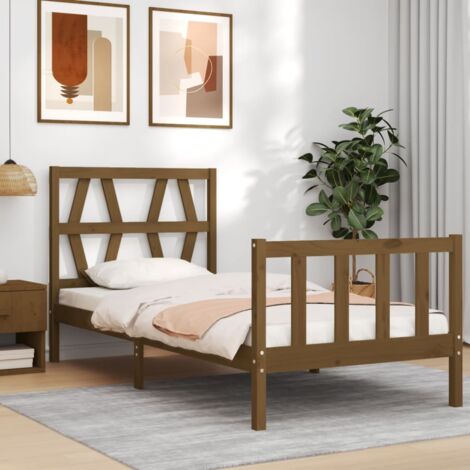 Cama para adulto，Estructura cama con cabecero，Cama individuale，Marco de Cama  madera maciza marrón miel