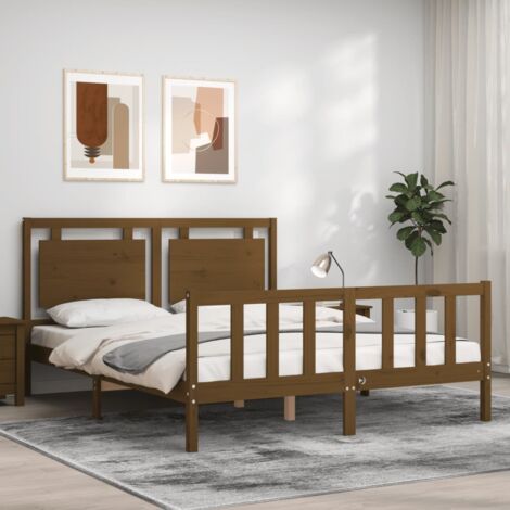 Cama para adulto，Estructura cama con cabecero，Cama individuale，Marco de Cama  madera maciza marrón miel