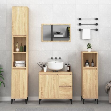  Armario de almacenamiento de baño montado en la pared con  puerta de espejo y estantes abiertos, espejo de baño para sala de estar,  baño, espejo de baño blanco y roble Sonoma