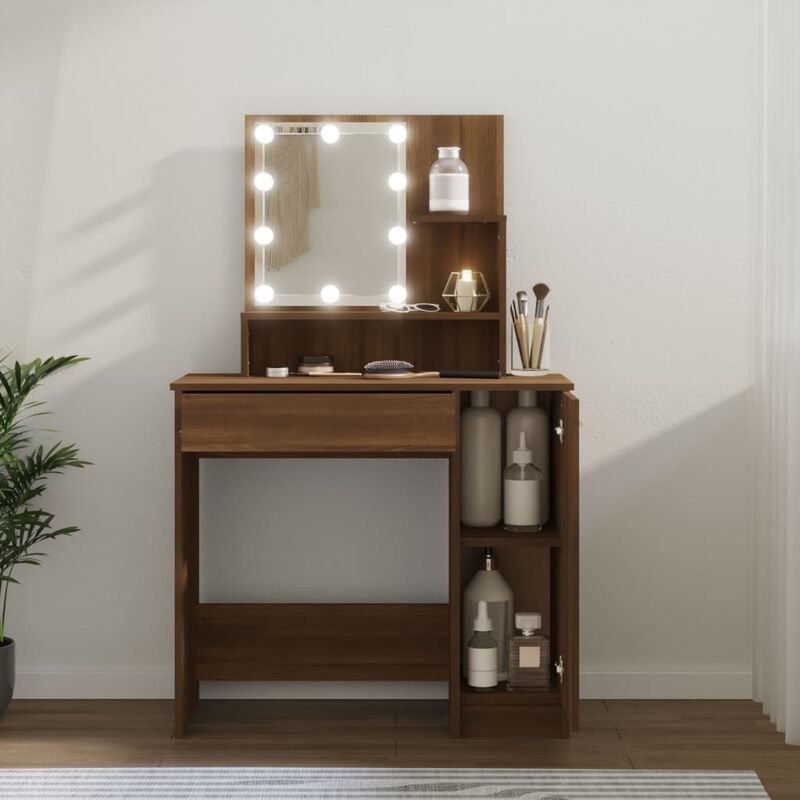 Toeletta Trucco con Luci LED, Specchiera Trucco con Ripiani e 2 Cassetti, Tavolo  da Trucco Moderno in Legno e Metallo, Bianco e Oro 90x45x136cm