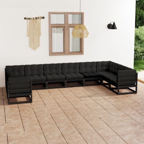 Unico Design Set Divani da Giardino 10 pz con Cuscini Massello di Pino Nero  70x70x67 cm