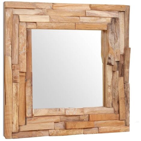 Specchio quadrato vintage con cornice in pelle marrone