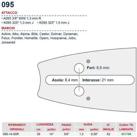 Barra motosega 35 cm - 14&quot passo 3/8&quot Spessore 1.3 mm - .050&quot attacco 095 - 451798