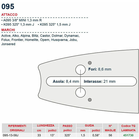 Barra motosega lunghezza 40cm passo 3/8'' spessore 1.5mm compatibil