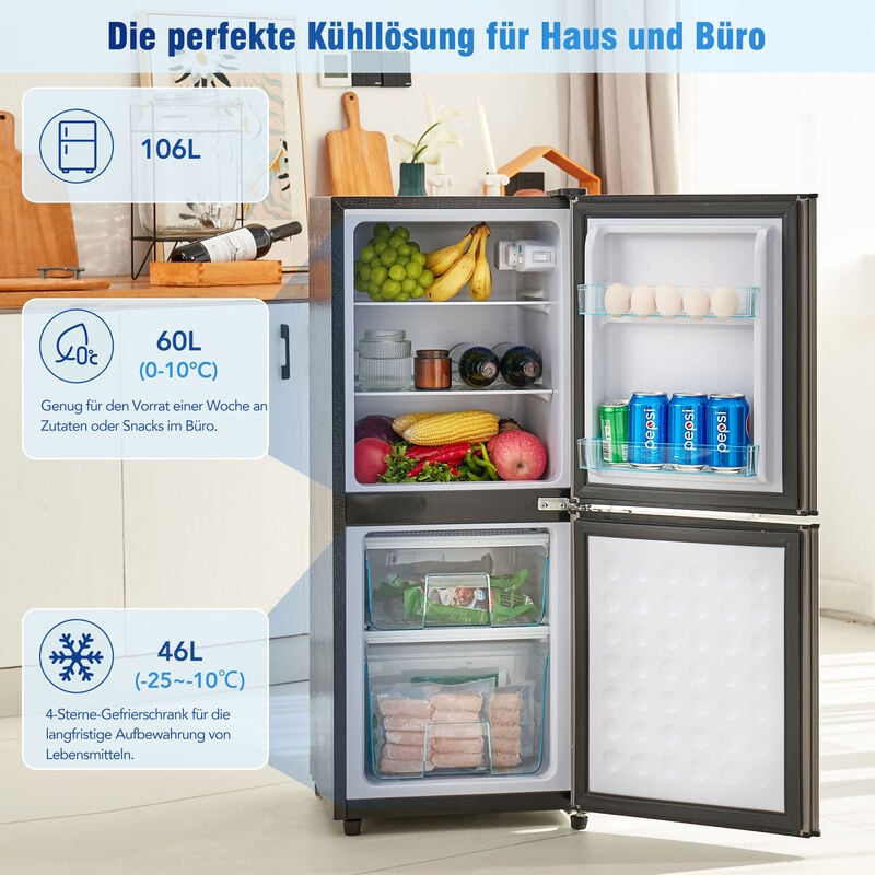 Kühlschrank 106L Gefrierkombination 106W Kühlschrank und  Sterne-Gefrierschrank, 7 Temperatureinstellungen, bis 45 dB,  LED-Beleuchtung, Silber