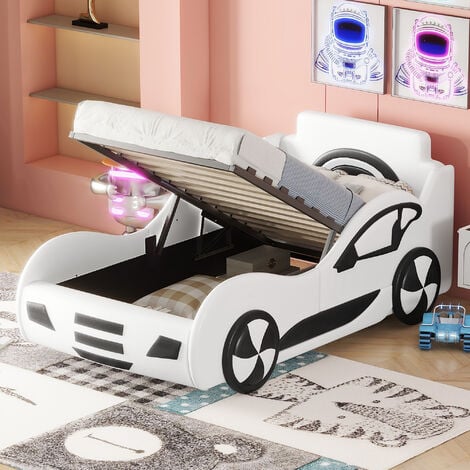 Autobett 90 x 200 cm Kinderbett mit Hydraulisch Stauraum und Lattenrost,  Rennwagen-Design, Auto-Modellbetten, Weiß