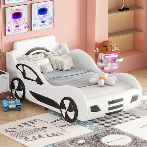 Autobett 90 x 200 cm Kinderbett mit Hydraulisch Stauraum und Lattenrost,  Rennwagen-Design, Auto-Modellbetten, Weiß