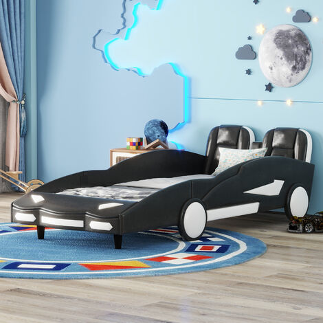Autobett 90 x 200 cm Kinderbett mit Rennwagen-Design und Lattenrost, Auto-Modellbetten,  Schwarz