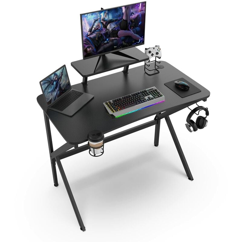 Bureau Gaming de Jeu 120x60x75cm avec Porte-gobelet, Câble Rangement et  Crochet pour Casque Table de