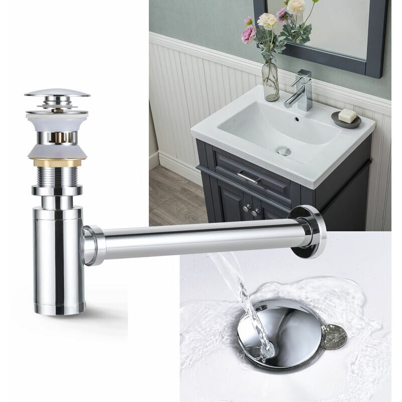 Siphon de Lavabo + Bonde Pop-Up Grande Surface avec Trop-Plein Automatique  Ensemble de Vindage Lavabo Push-Open Chromé Accessoire de Salle de Bain