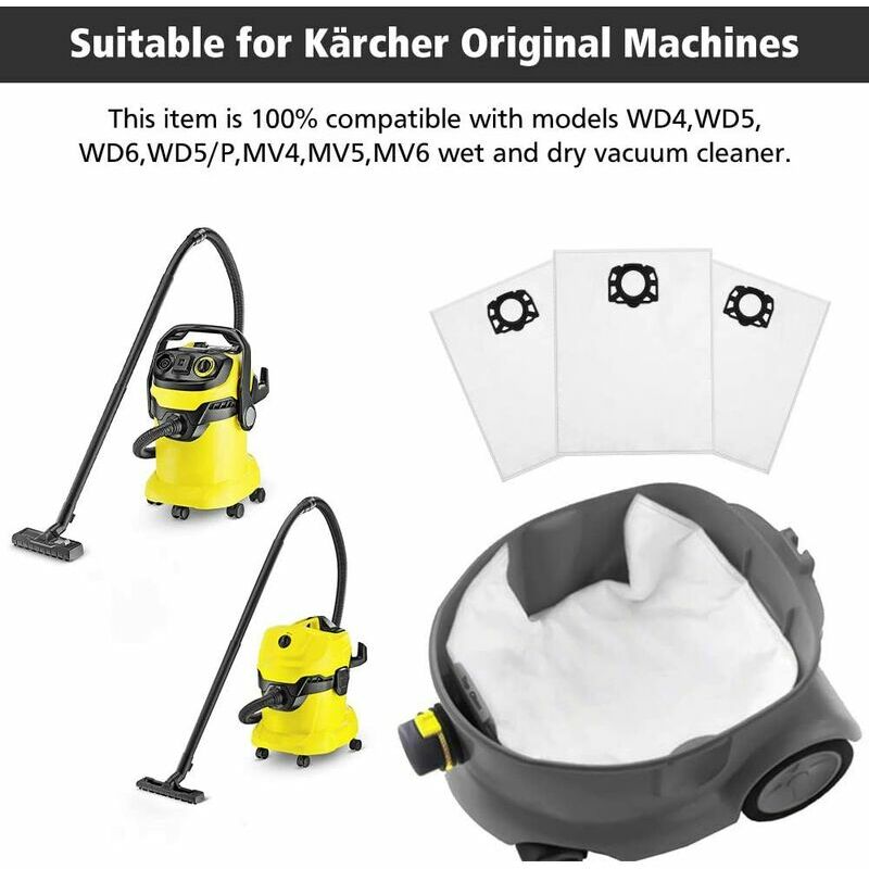 Karcher Wd4 Wd5 Wd5 / P Kärcher Aspirateur Mv4 / Mk5 / Mv6 Sac filtrant en  laine 6 pièces de rechange pour aspirateur sec/humide 