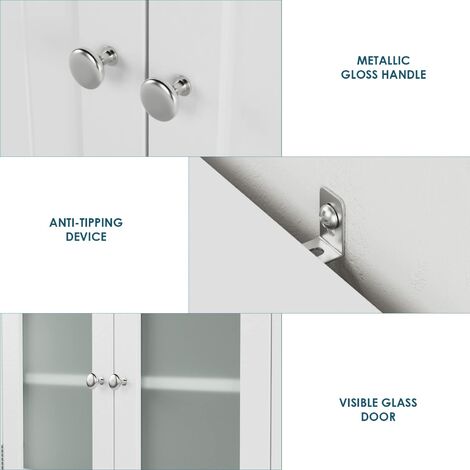 Armoire Salle De Bain HOCSOK 4 Portes - Avec Verre Dépoli, Étagères Réglables, 60cm Largeur - Blanc