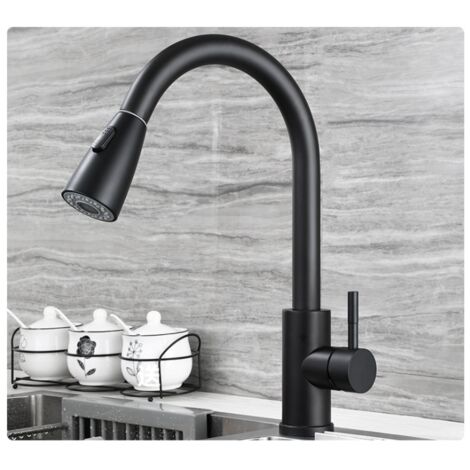 Robinet de Cuisine, Mitigeur Cuisine Rotatif à 360° avec Douchette Extractible, 3 Modes de Pulvérisation Mitigeur d'évier, Acier Inoxydable, Noir
