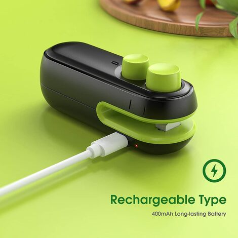 Mini scelleuse de sacs, scelleuse thermique 2 en 1, rechargeable et Portable, garde les chips alimentaires fraîches, noir/vert