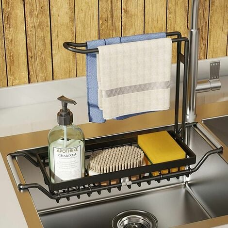 Organisateur d'évier de cuisine extensible pour évier de cuisine avec rail  suspendu en torchon en acier inoxydable (grand, noir)