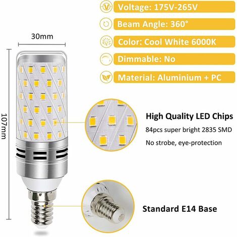 Ampoule E14 LED 12W Blanc Froid 6000K, 1450LM, Équivalent Halogène E14  100W, 360° Lumiere, AC