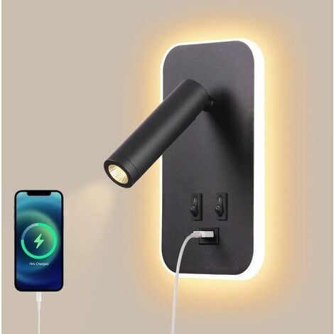 Applique murale LED, liseuse de chevet avec interrupteur, port de charge USB, éclairage d'ambiance de chambre à coucher Spot réglable (3W 3000K + 9W 6000K) Noir