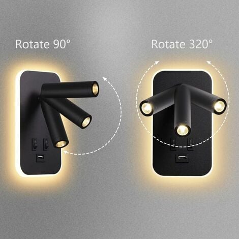 Applique murale LED, liseuse de chevet avec interrupteur, port de charge USB, éclairage d'ambiance de chambre à coucher Spot réglable (3W 3000K + 9W 6000K) Noir
