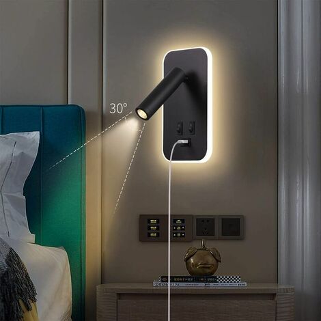 Applique murale LED, liseuse de chevet avec interrupteur, port de charge USB, éclairage d'ambiance de chambre à coucher Spot réglable (3W 3000K + 9W 6000K) Noir