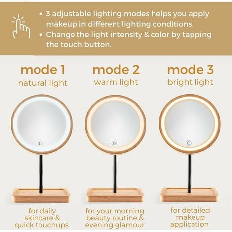 Miroir de courtoisie éclairé par LED avec 3 lumières de couleur, batterie rechargeable USB sans fil, rotation à 360°, anneau lumineux rond à intensité variable