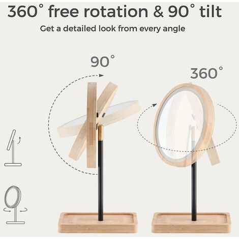 Miroir de courtoisie éclairé par LED avec 3 lumières de couleur, batterie rechargeable USB sans fil, rotation à 360°, anneau lumineux rond à intensité variable