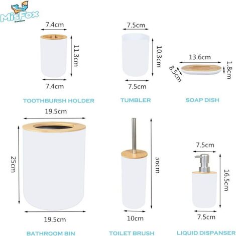 Set Salle De Bain 6 Pièces MissFox En Bambou - Distributeur, Poubelle, Brosse WC, Porte-savon