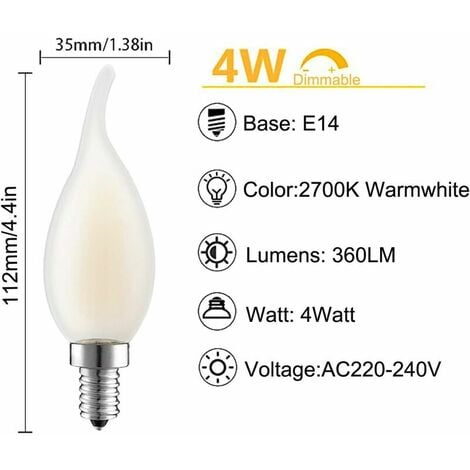 Ampoule LED E14 à Filament, Lot de 10 Ampoules Flamme, 4 Watts Consommés Equivalence Incandescence 40W, 2700K Blanc Chaud et 400LM, Angle de Faisceau 360° [Classe énergétique A+]