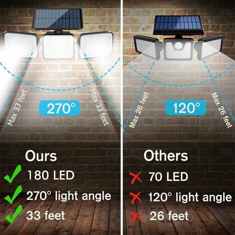 Lampe Solaire Exterieur Detecteur de Mouvement, 3 Têtes 180 LED Lumiere Solaire Exterieur IP65 Étanche Eclairage Exterieur Solaire 3 Modes Spot Projecteur LED Solaire Jardin [Classe énergétique A+++]