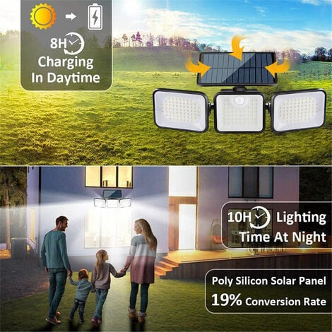 Lampe Solaire Exterieur Detecteur de Mouvement, 3 Têtes 180 LED Lumiere Solaire Exterieur IP65 Étanche Eclairage Exterieur Solaire 3 Modes Spot Projecteur LED Solaire Jardin [Classe énergétique A+++]