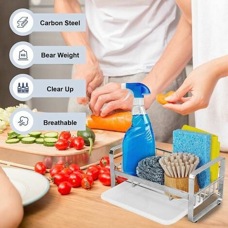 Porte Eponge Evier Cuisine, Organisateur evier Support Eponge evier Cuisine avec Bac de Vidange Organisateur Evier de Cuisine en Acier Inoxydable 18 X 10 X 8 cm