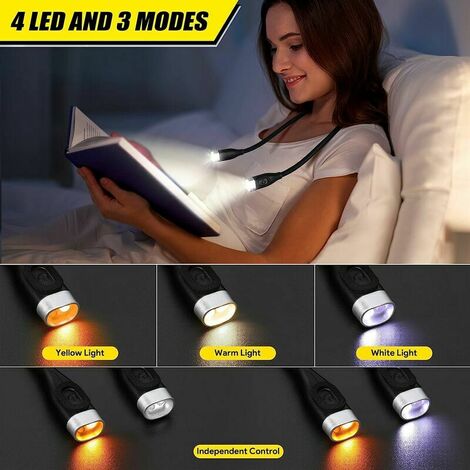 Lampe de lecture LED flexible pour le cou, lampe de lecture rechargeable 4 LED 3 couleurs, protection des yeux, avec flexible extra long (noir)