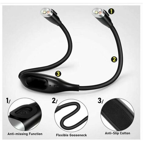 Lampe de lecture LED flexible pour le cou, lampe de lecture rechargeable 4 LED 3 couleurs, protection des yeux, avec flexible extra long (noir)