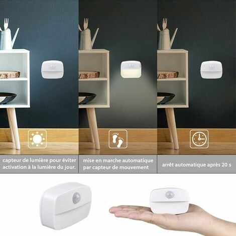 Veilleuse LED automatique [lot de 2], veilleuse murale avec capteur de mouvement auto-adhésif, veilleuse murale pour salle de bain, chambre, couloir (blanc chaud)