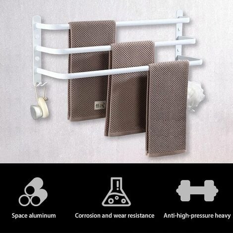 Porte-Serviettes Mural Porte Serviette Salle de Bain étagère Serviette avec Crochets Porte-Serviettes Aluminium étagère Serviette pour Cuisine, Salle de Bains, Hôtel (Blanc, 50CM)