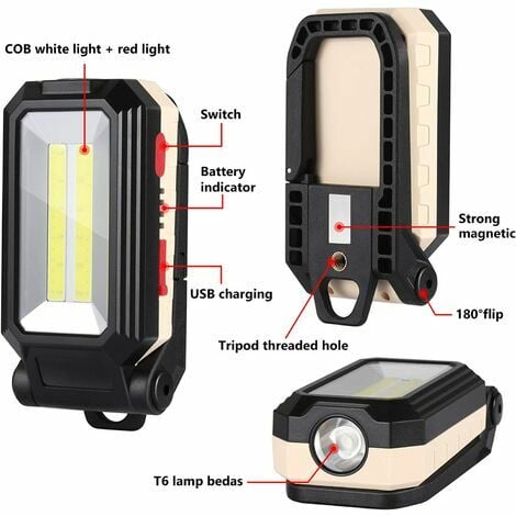 Lampe de travail LED pliable, ABS, rechargeable par USB, étanche, 1800 mAh,  2000 Lm, pour camping, réparation automobile, travaux d'urgence, rouge/noir