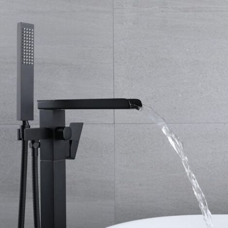 FOREHILL  Robinet De Baignoire Avec Douchette Cascade Baignoire Robinet Mitigeur Au Sol Autoportant Melangeur Baignoire Îlot Sur Pied Avec Poignée Noir (underground installation)