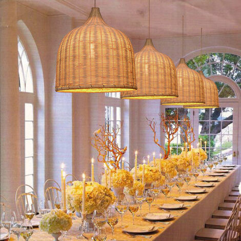 Lustre en rotin naturel D50 cm – Suspension E27 pour intérieur – Abat-jour artisanal – Cordon blanc 200 cm – Tension 220V-240V
