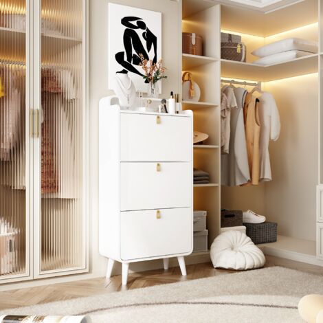 Meuble De Rangement Chaussures 3 Tiroirs Rabattables - Étagère étroite, Capacité 18-24 Paires - Blanc