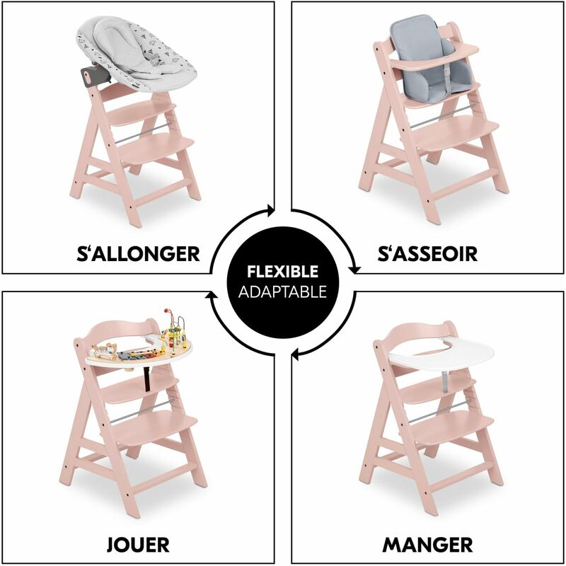 Chaise haute à roulettes, Réglable en hauteur, Pliable, Plateau amovible, Harnais de sécurité, Rose, Simba