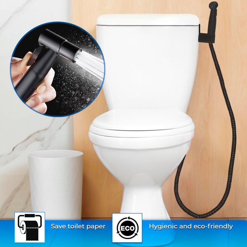 Douchette WC Noire En Acier Inox - Kit Complet Avec Tuyau 2m - Hygiène Intime Et Nettoyage
