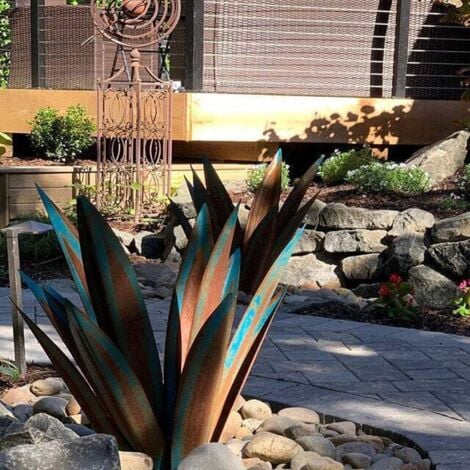 Sculpture Rustique de Tequila - Art décoration Statue Déco à la Maison, Figurines de Jardin, 9 feuilles, Plantes d'agave en Métal pour Cour Extérieure - 55cm Multicolore