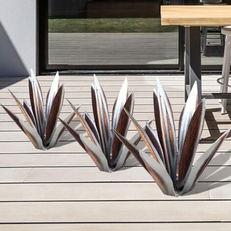 Sculpture Rustique de Tequila - Art décoration Statue Déco à la Maison, Figurines de Jardin, 9 feuilles, Plantes d'agave en Métal pour Cour Extérieure - 55cm argent