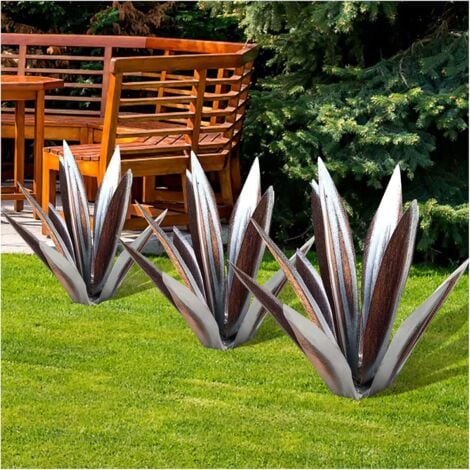 Sculpture Rustique de Tequila - Art décoration Statue Déco à la Maison, Figurines de Jardin, 9 feuilles, Plantes d'agave en Métal pour Cour Extérieure - 55cm argent