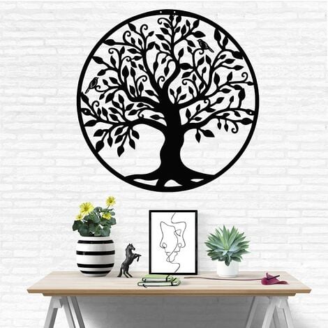 Décoration murale en métal Cadre Arbre de Vie Deco murale noir industrielle Tableau grand modern original pour salon (45 x 45 cm)